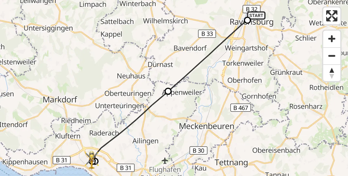 Flugroute Rettungshubschrauber Sankt Elisabeth Hospital - Friedrichshafen Hospital, 27 Juni 2026, 11:16