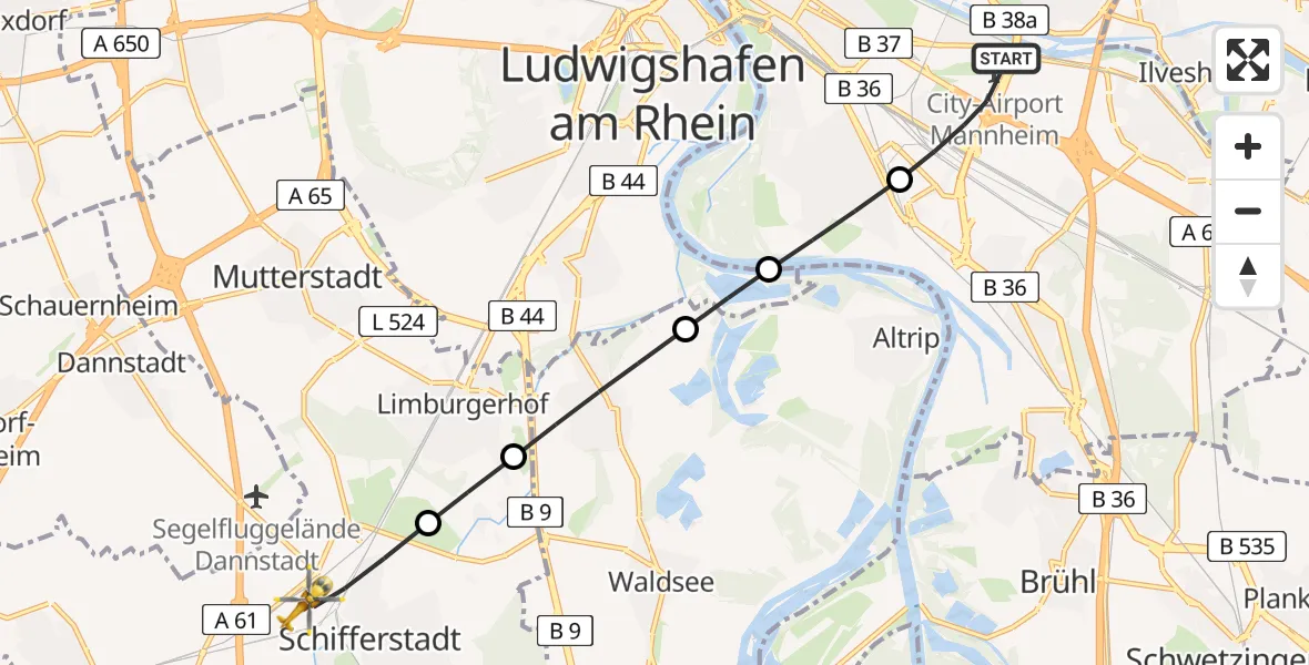 Flugroute Rettungshubschrauber Mannheim-City Flughafen - Schifferstadt, 27 Juni 2026, 11:16