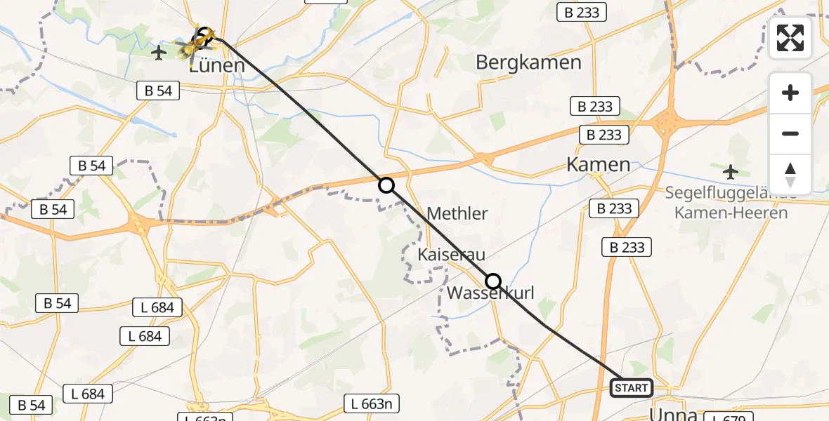 Flugroute Rettungshubschrauber Unna - Sankt Marien Hospital, 27 Juni 2026, 11:18