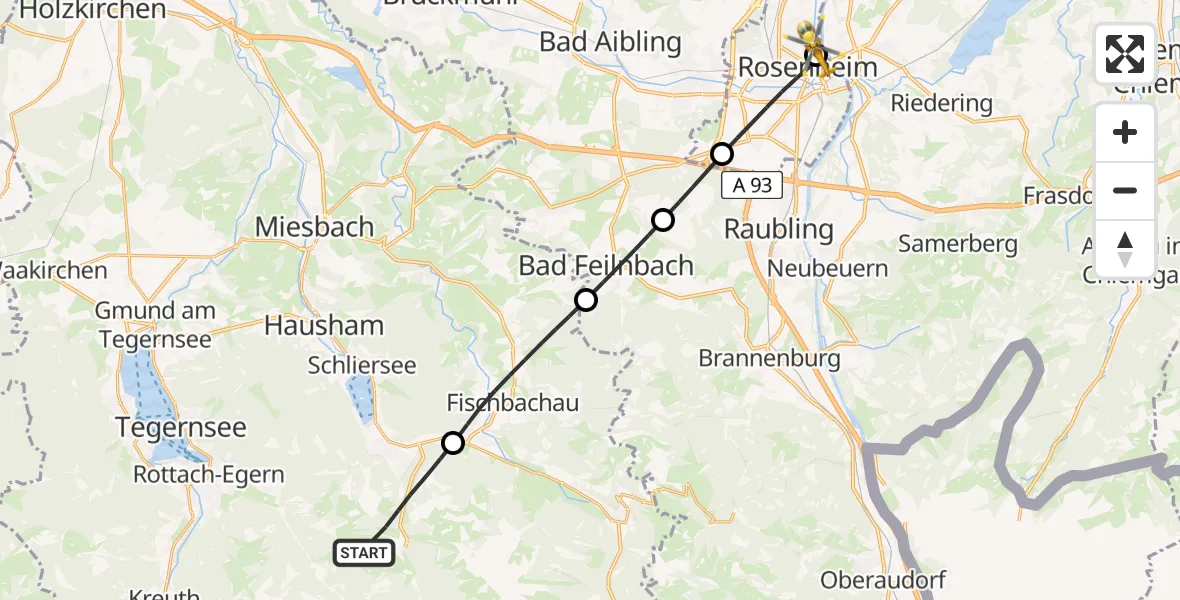 Flugroute Rettungshubschrauber Schliersee - RoMed Hospital Rosenheim, 27 Juni 2026, 11:20
