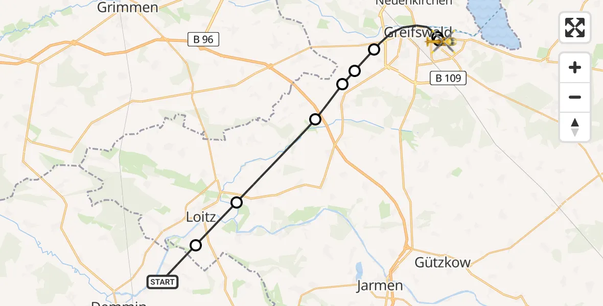 Flugroute Rettungshubschrauber Kletzin - Greifswald Hospital, 27 Juni 2026, 11:22