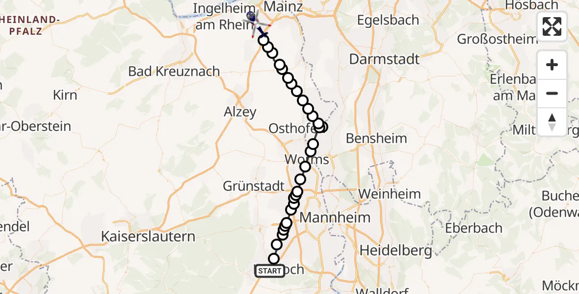 Flugroute Polizeihubschrauber Haßloch - Ober-Olm, 27 Juni 2026, 11:25