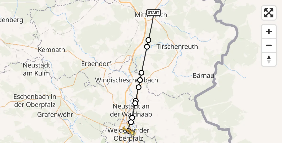 Flugroute Rettungshubschrauber Mitterteich - Weiden Hospital, 27 Juni 2026, 11:27