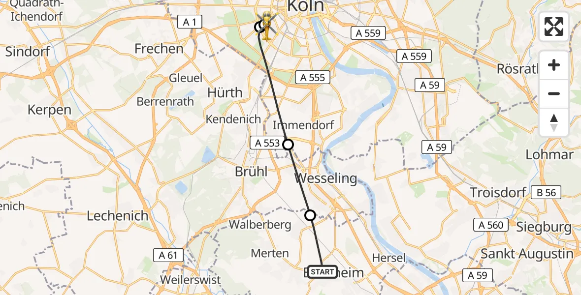 Flugroute Ambulanzhubschrauber Bornheim - Köln University Hospital, 27 Juni 2026, 11:29
