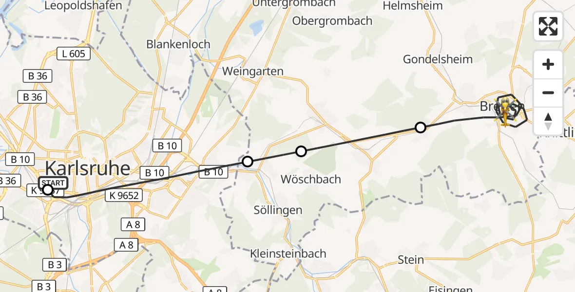 Flugroute Ambulanzhubschrauber Sankt Vincentius Hospital - Bretten, 27 Juni 2026, 11:31