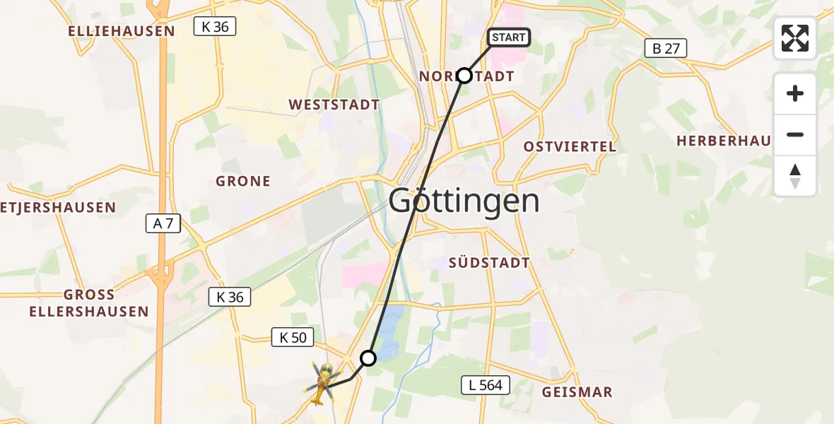 Flugroute Rettungshubschrauber Göttingen University Clinic Hubschrauberlandeplatz - Rosdorf, 27 Juni 2026, 11:32