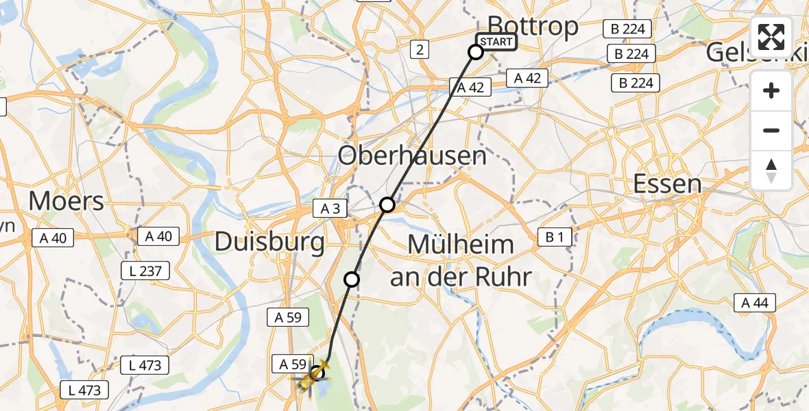 Flugroute Rettungshubschrauber Bottrop - Duisburg Air Rescue Hubschrauberlandeplatz (Christoph 9), 27 Juni 2026, 11:35