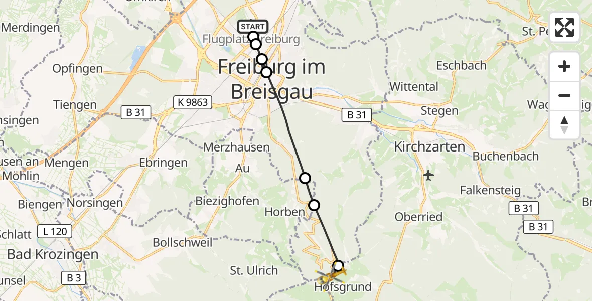 Flugroute Ambulanzhubschrauber Freiburg im Breisgau Flugplatz - Oberried, 27 Juni 2026, 11:41
