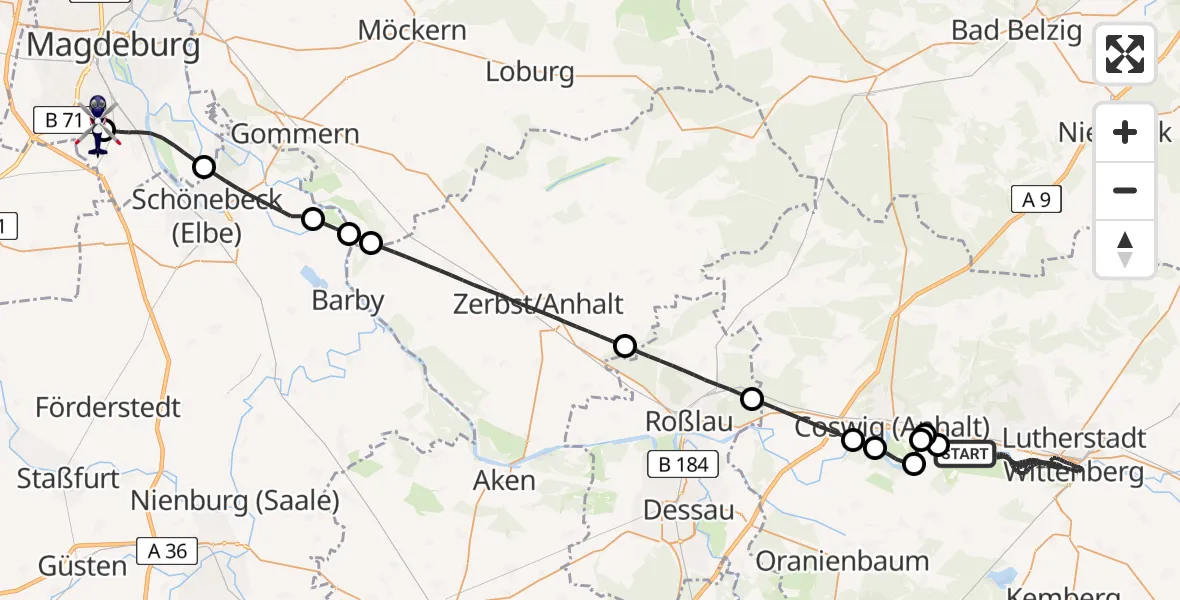 Flugroute Polizeihubschrauber Wittenberg - Magdeburg City Flugplatz, 27 Juni 2026, 11:45