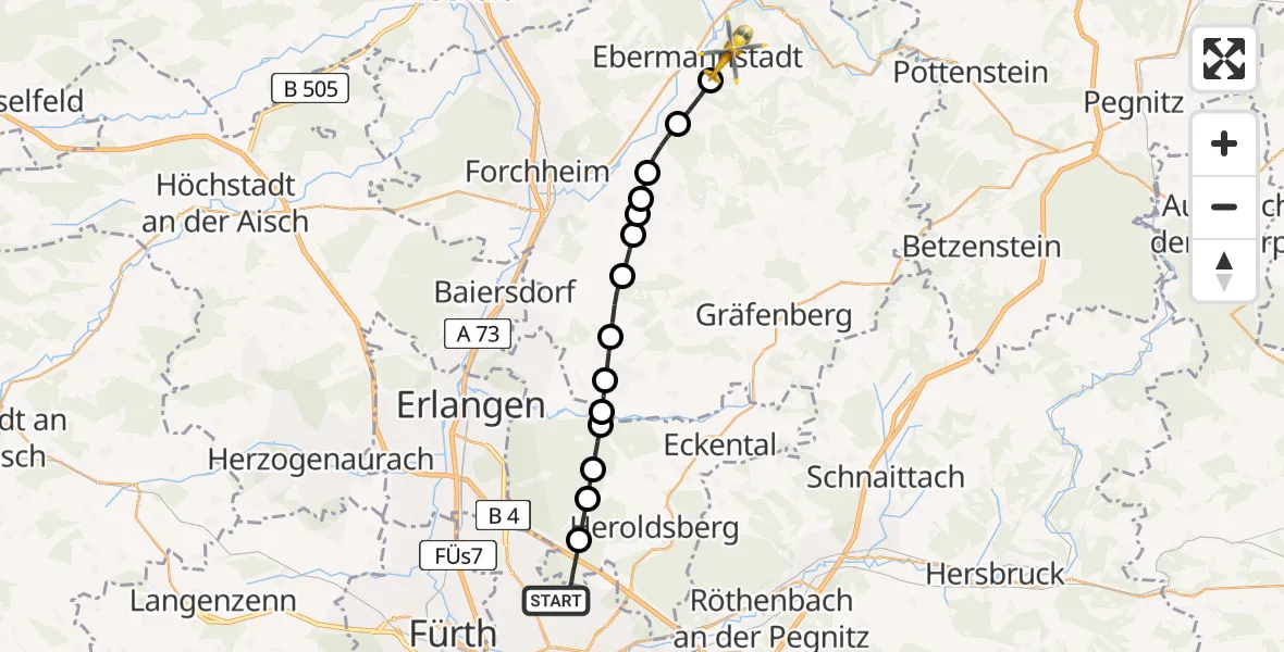 Flugroute Rettungshubschrauber Flughafen Nuremberg - Ebermannstadt, 27 Juni 2026, 11:45