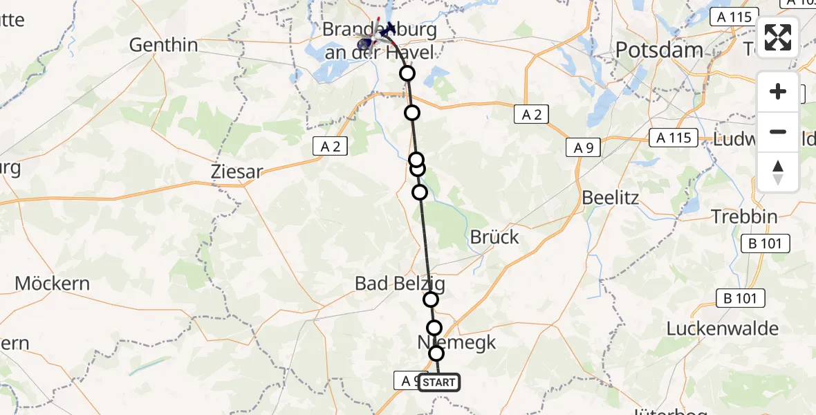 Flugroute Polizeihubschrauber Rabenstein/Fläming - Brandenburg an der Havel, 27 Juni 2026, 11:46