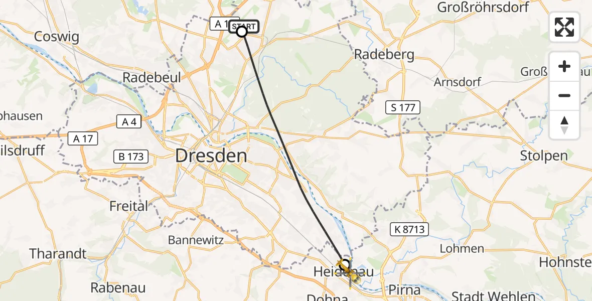 Flugroute Rettungshubschrauber Dresden Bundespolizei Hubschrauberlandeplatz - Heidenau, 27 Juni 2026, 11:47