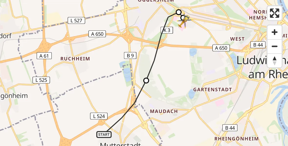 Flugroute Rettungshubschrauber Mutterstadt - Ludwigshafen Accident Hospital, 27 Juni 2026, 11:48