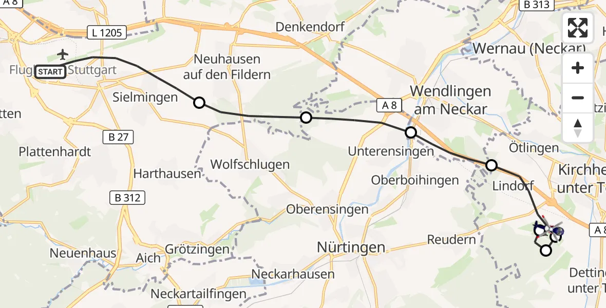 Flugroute Polizeihubschrauber Flughafen Stuttgart - Hahnweide Flugplatz, 27 Juni 2026, 11:49