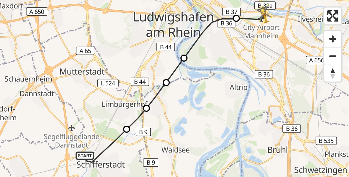 Flugroute Rettungshubschrauber Schifferstadt - Mannheim-City Flughafen, 27 Juni 2026, 11:50