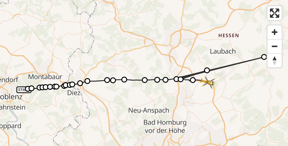 Flugroute Ambulanzhubschrauber Simmern - Wölfersheim, 27 Juni 2026, 11:51