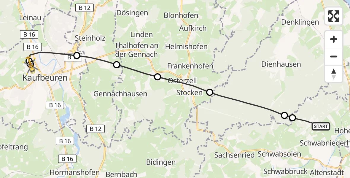 Flugroute Rettungshubschrauber Altenstadt - Ostallgäu-Kaufbeuren Hospital, 27 Juni 2026, 11:59
