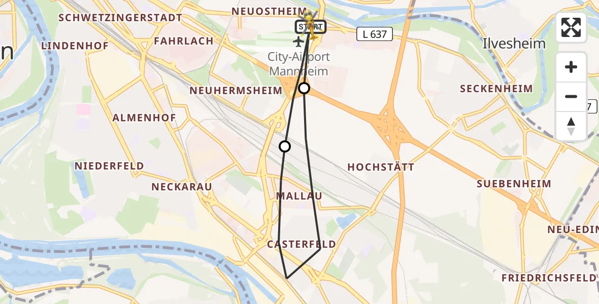 Flugroute Rettungshubschrauber Mannheim-City Flughafen - Mannheim-City Flughafen, 27 Juni 2026, 12:00
