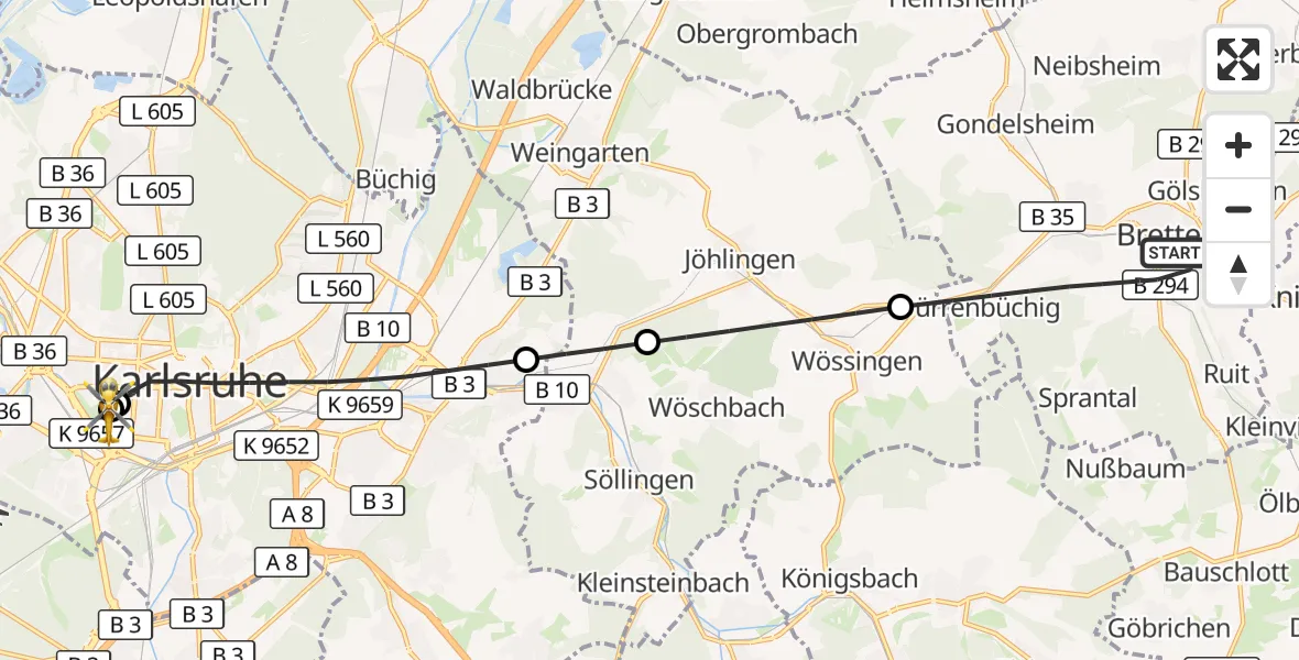 Flugroute Ambulanzhubschrauber Bretten - Sankt Vincentius Hospital, 27 Juni 2026, 12:13