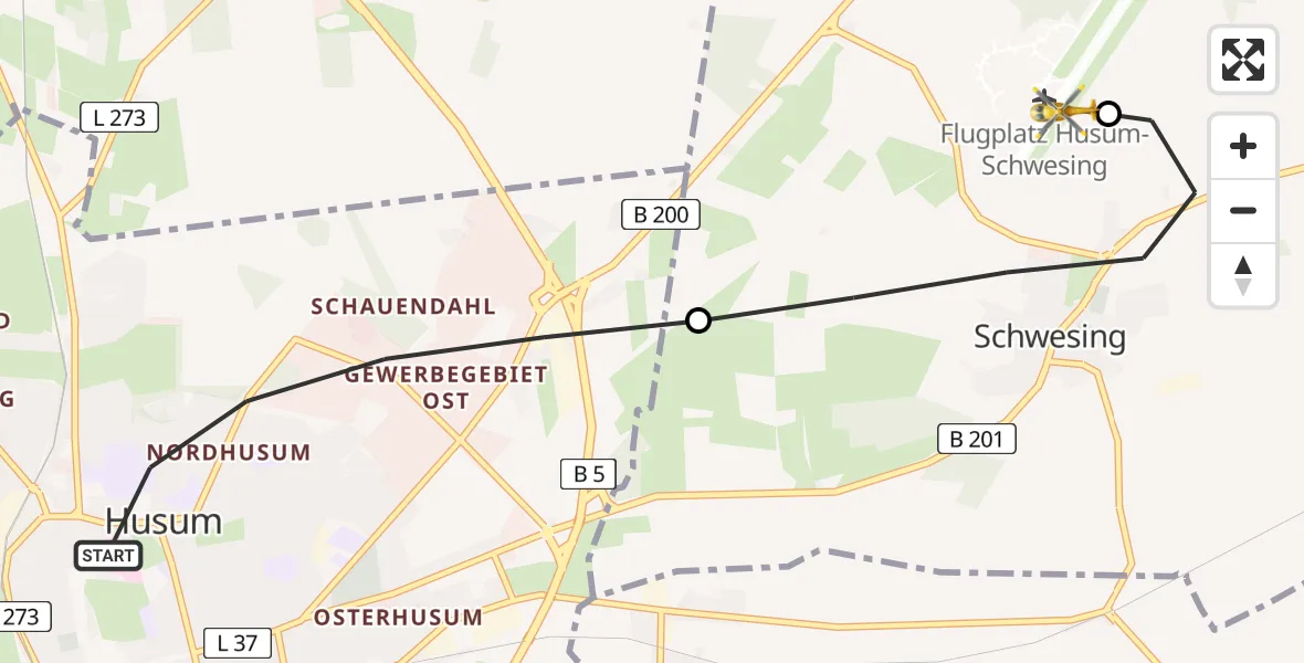 Flugroute Rettungshubschrauber Husum - Husum-Schwesing Flughafen, 27 Juni 2026, 12:14