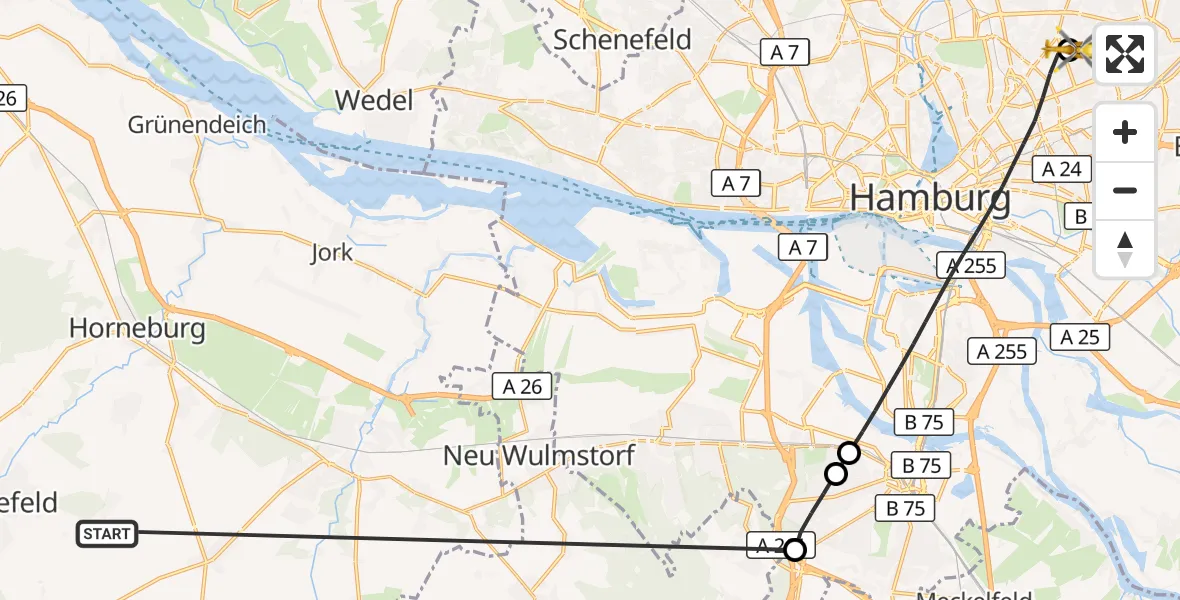 Flugroute Rettungshubschrauber Harsefeld - Hamburg Military Hospital, 27 Juni 2026, 12:16