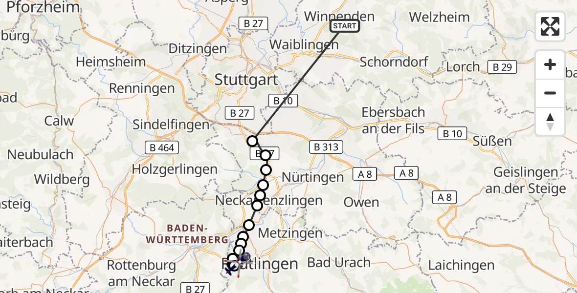 Flugroute Polizeihubschrauber Winnenden - Reutlingen, 27 Juni 2026, 12:17