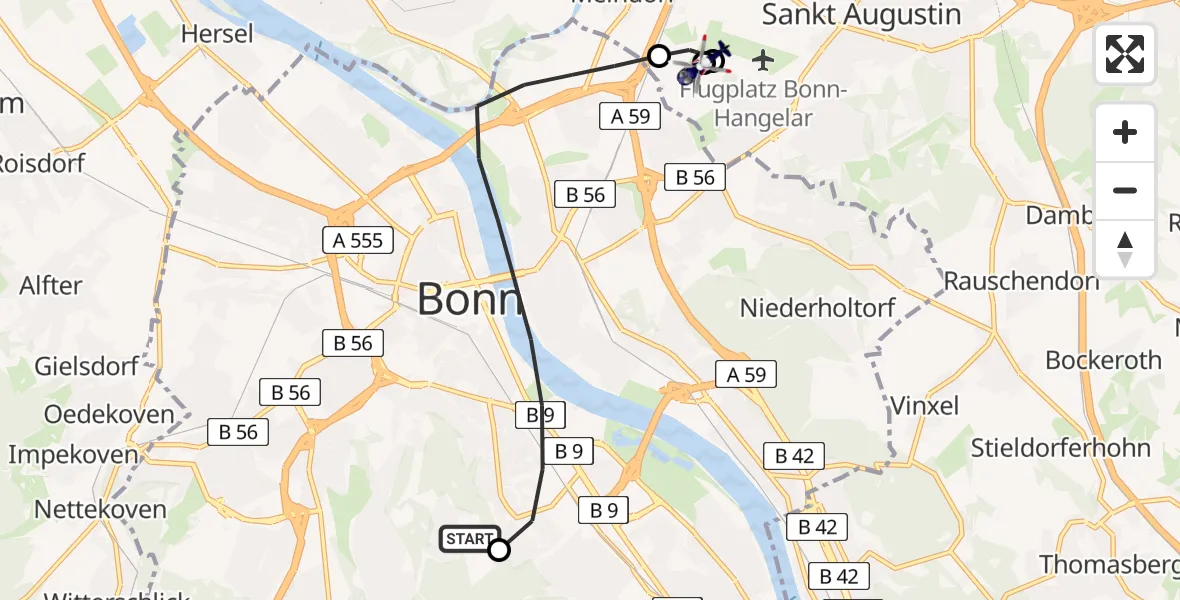 Flugroute Polizeihubschrauber Bonn University Hospital - Sankt Augustin, 27 Juni 2026, 12:18