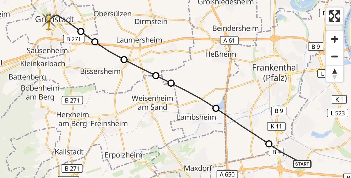Flugroute Rettungshubschrauber Ludwigshafen am Rhein - Grünstadt, 27 Juni 2026, 12:25