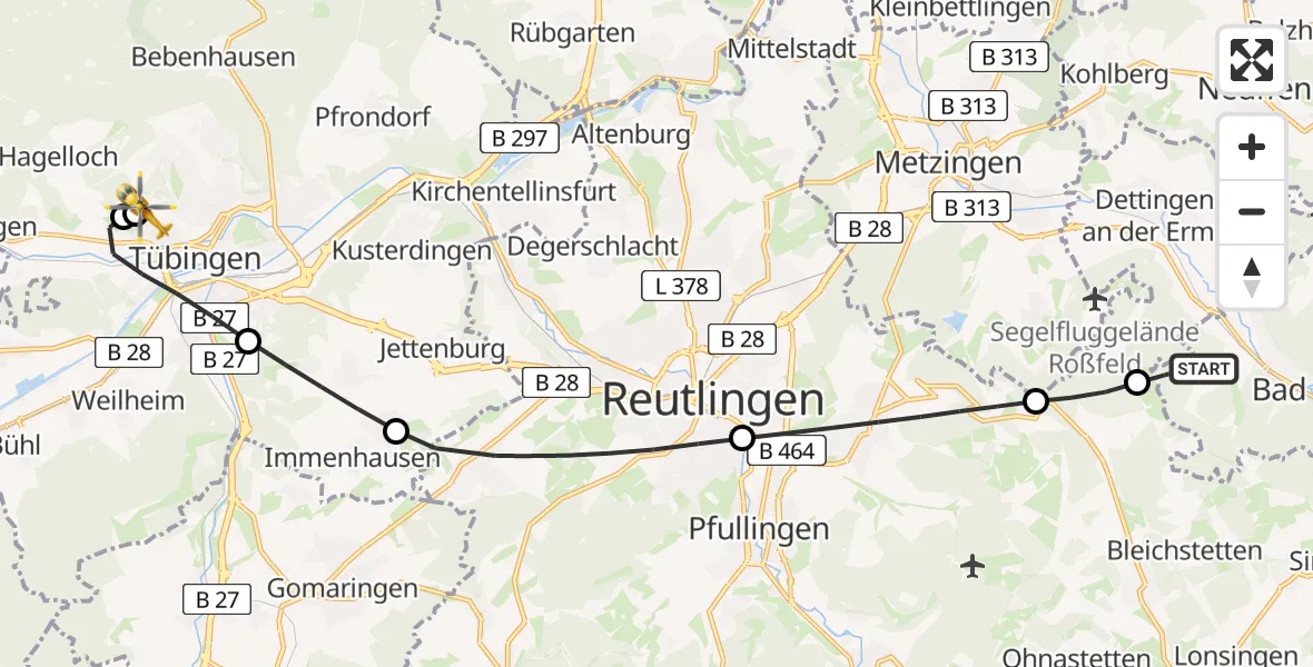 Flugroute Rettungshubschrauber Bad Urach - Tübingen University Hospital, 27 Juni 2026, 12:27