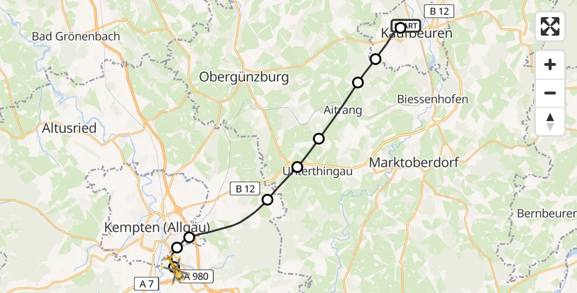 Flugroute Rettungshubschrauber Ostallgäu-Kaufbeuren Hospital - Kempten-Durach Flugplatz, 27 Juni 2026, 12:27