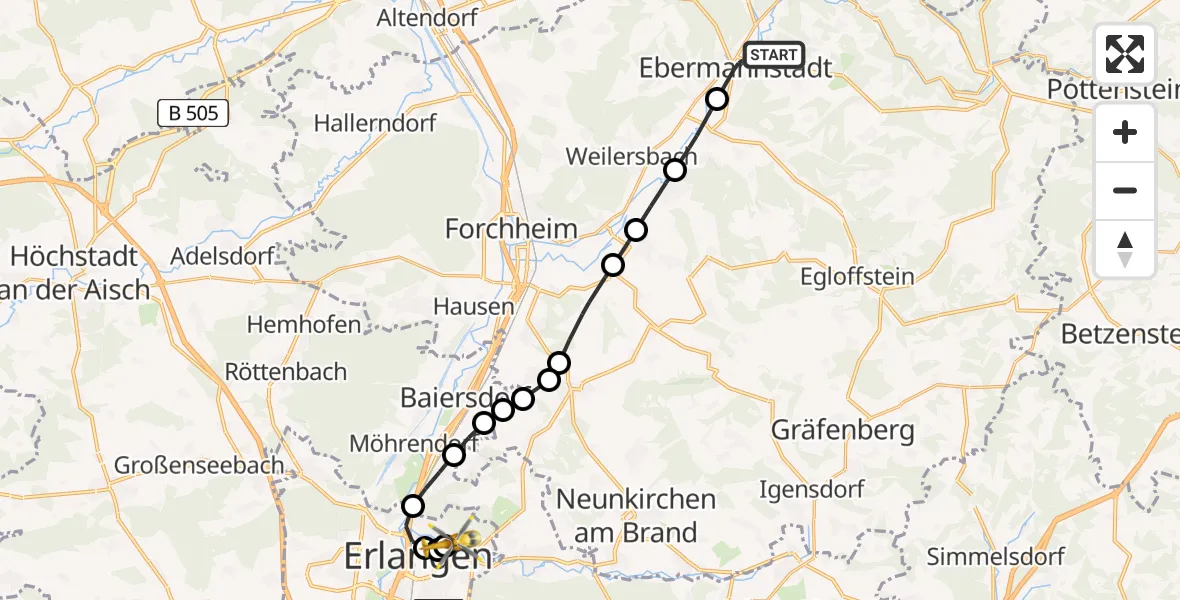 Flugroute Rettungshubschrauber Ebermannstadt - Erlangen University Hospital Ebrardstraße, 27 Juni 2026, 12:28