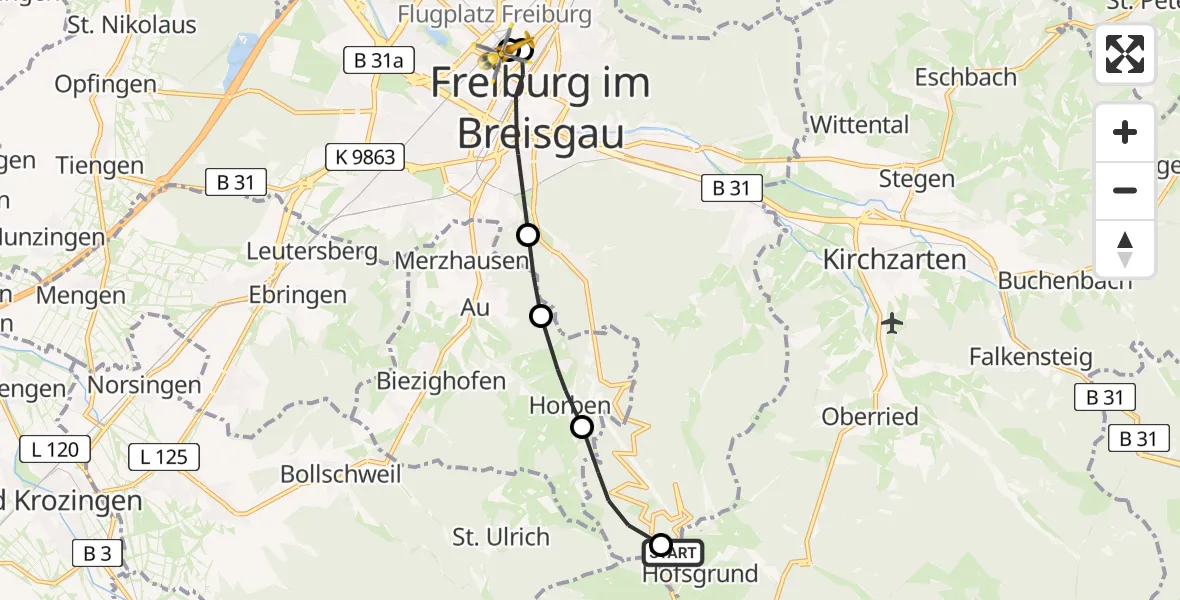 Flugroute Ambulanzhubschrauber Oberried - Freiburg University Hospital Heliport 1, 27 Juni 2026, 12:31