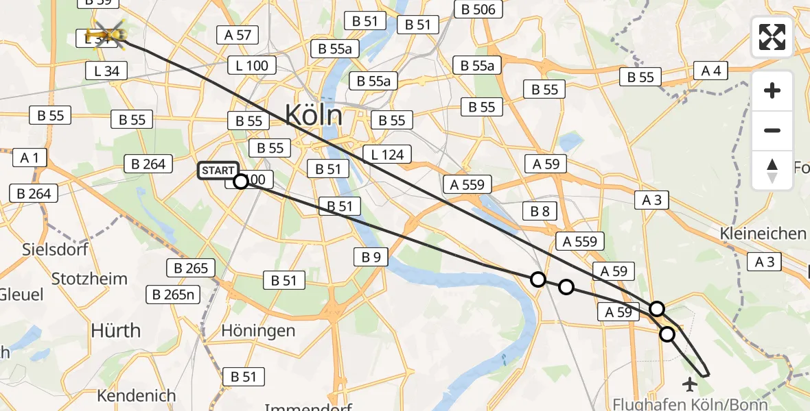 Flugroute Ambulanzhubschrauber Köln University Hospital - Köln, 27 Juni 2026, 12:34