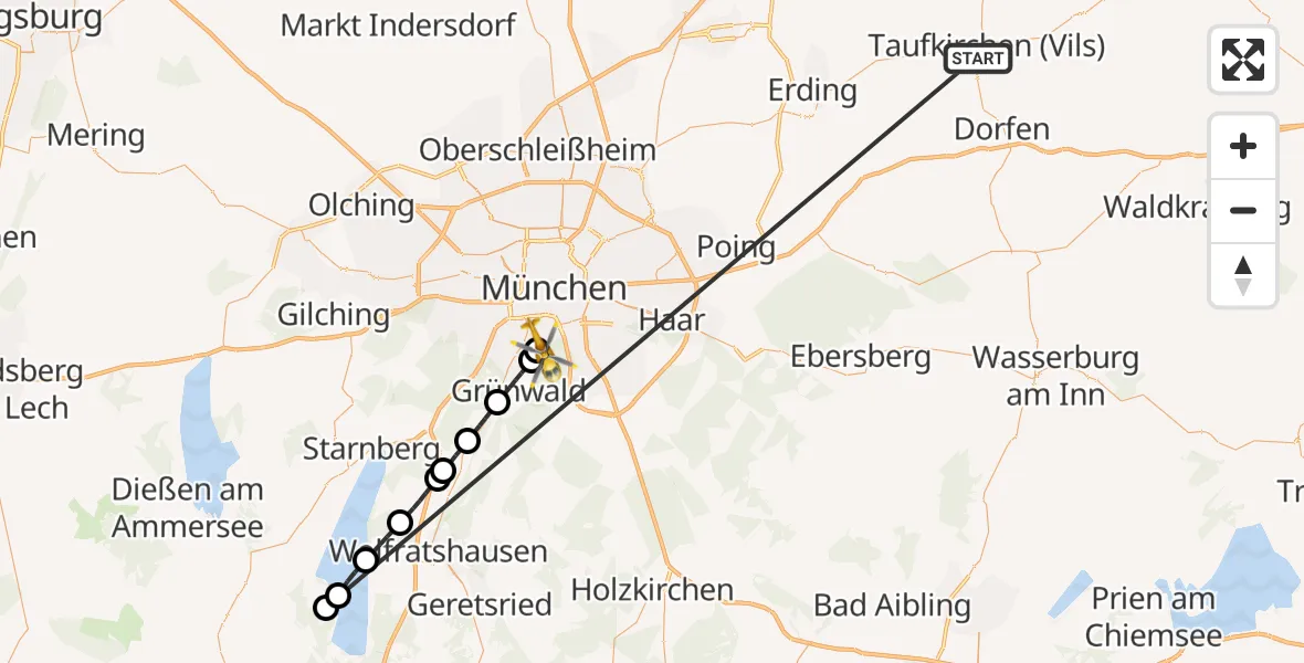 Flugroute Rettungshubschrauber Taufkirchen (Vils) - ADAC Air Rescue Center Hubschrauberlandeplatz (Christoph 1), 27 Juni 2026, 12:38