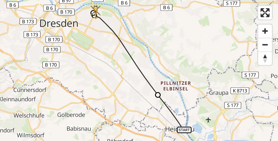 Flugroute Rettungshubschrauber Heidenau - Dresden University Hospital, 27 Juni 2026, 12:44