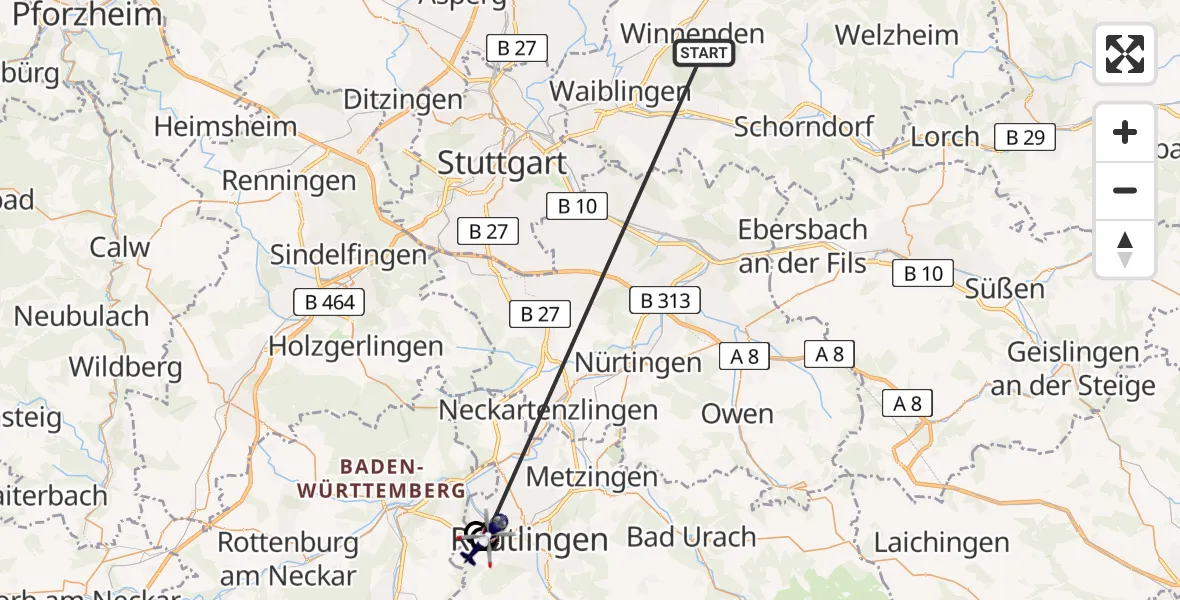 Flugroute Polizeihubschrauber Winnenden - Reutlingen, 27 Juni 2026, 12:45