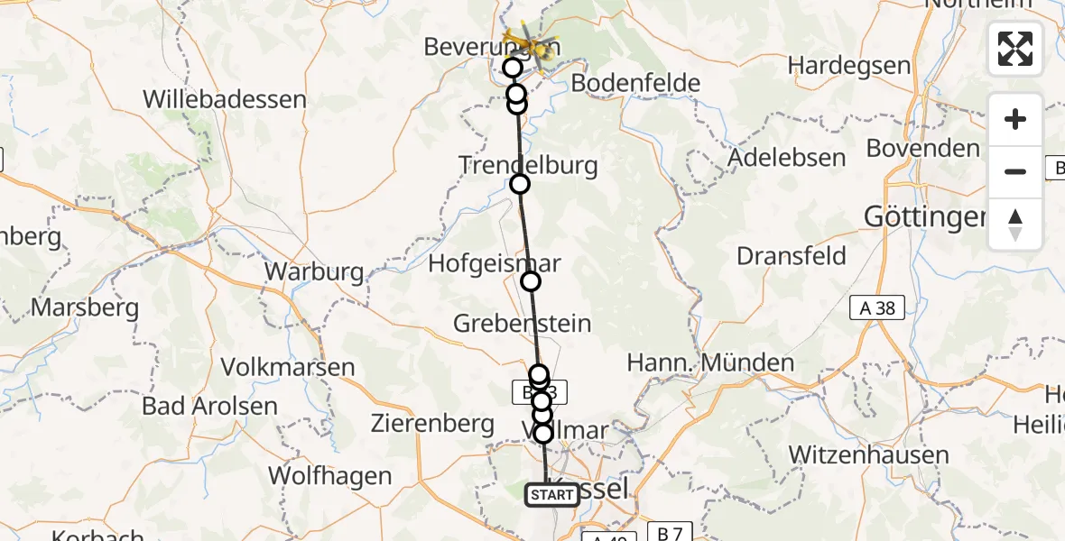 Flugroute Rettungshubschrauber Kassel - Lauenförde, 27 Juni 2026, 12:49