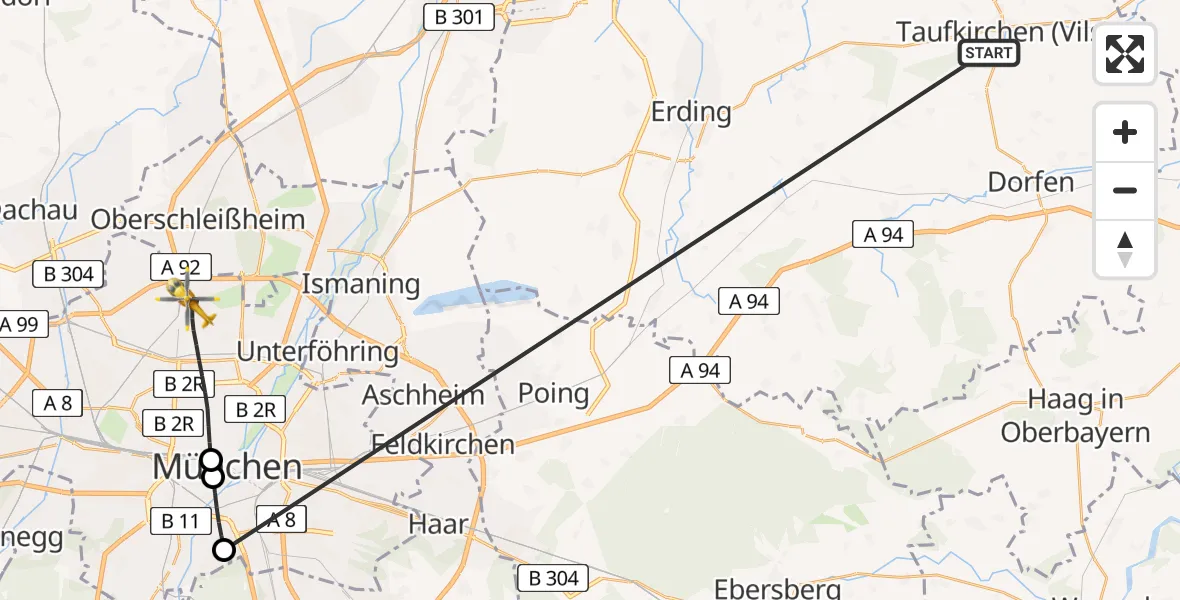 Flugroute Rettungshubschrauber Taufkirchen (Vils) - München, 27 Juni 2026, 12:50