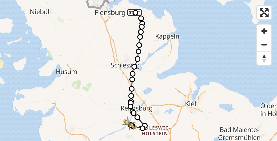 Flugroute Ambulanzhubschrauber Langballig - Rendsburg-Schachtholm Flugplatz, 27 Juni 2026, 12:50