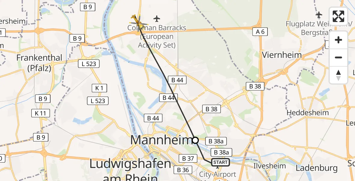 Flugroute Rettungshubschrauber Mannheim-City Flughafen - Mannheim, 27 Juni 2026, 12:52