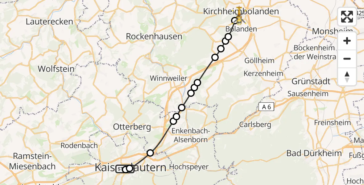 Flugroute Rettungshubschrauber Westpfalz Hospital Kaiserslautern - Kirchheimbolanden, 27 Juni 2026, 13:05