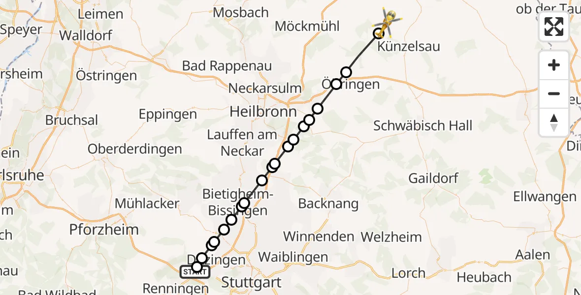 Flugroute Rettungshubschrauber Leonberg Hospital - Weißbach, 27 Juni 2026, 13:07