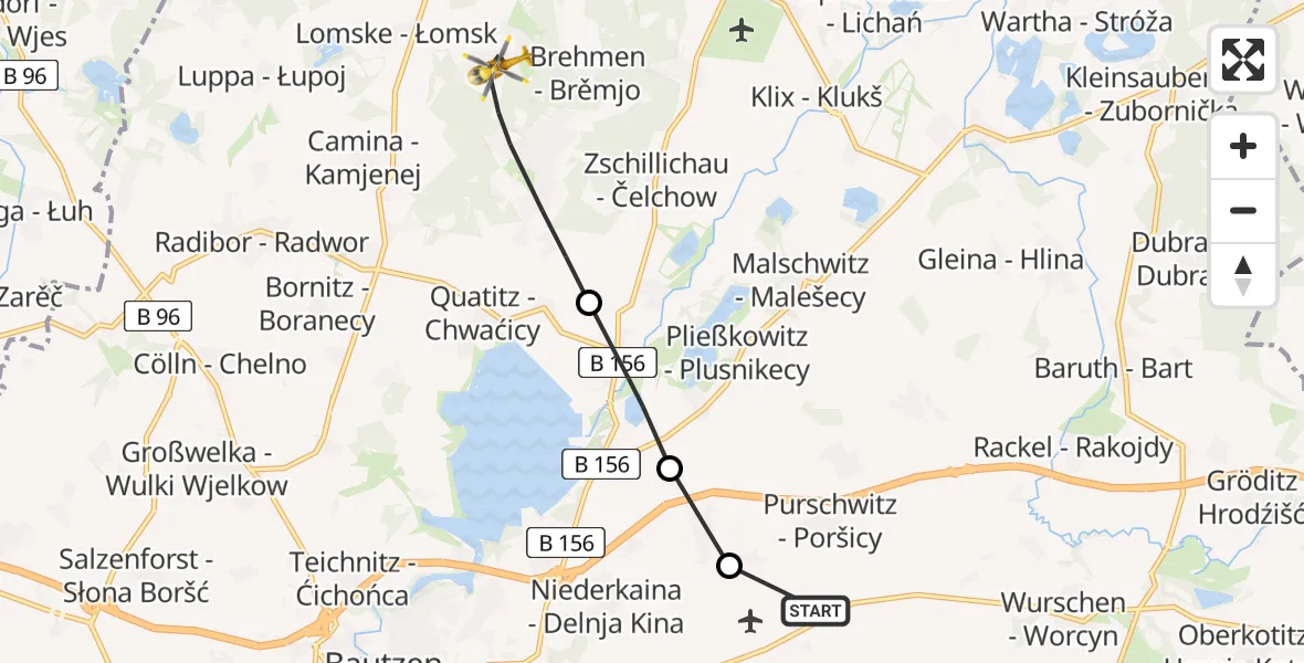 Flugroute Rettungshubschrauber Bautzen Flugplatz - Großdubrau, 27 Juni 2026, 13:10