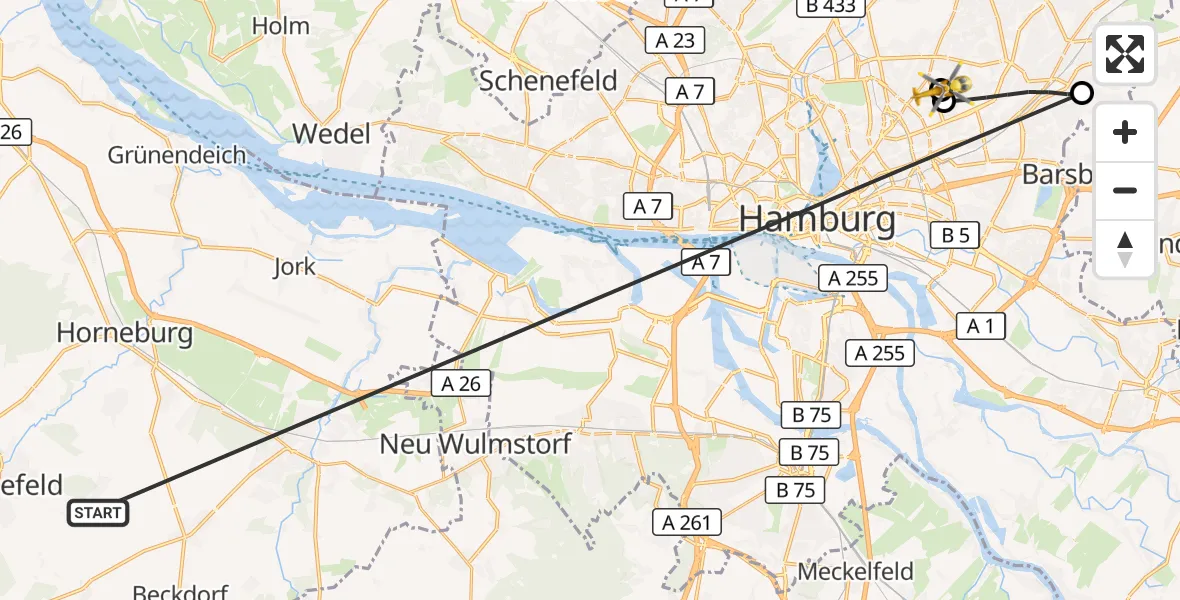 Flugroute Rettungshubschrauber Harsefeld - Hamburg Military Hospital, 27 Juni 2026, 13:19