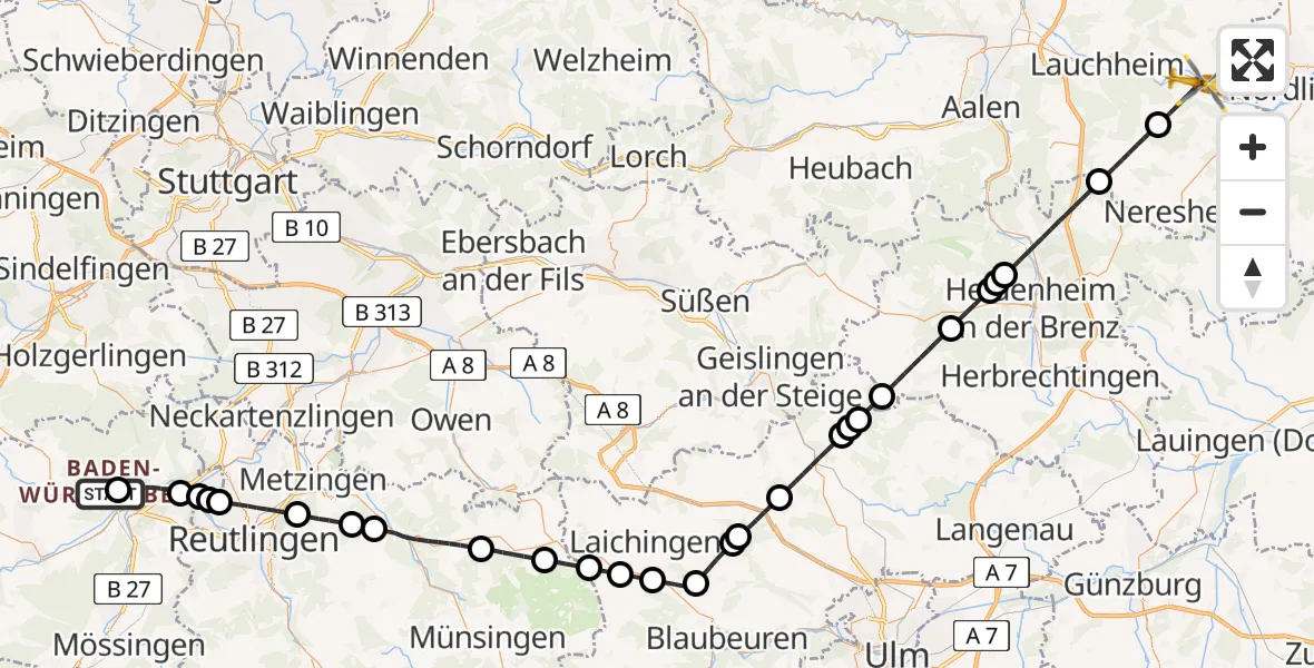 Flugroute Rettungshubschrauber Tübingen University Hospital - Bopfingen, 27 Juni 2026, 13:20