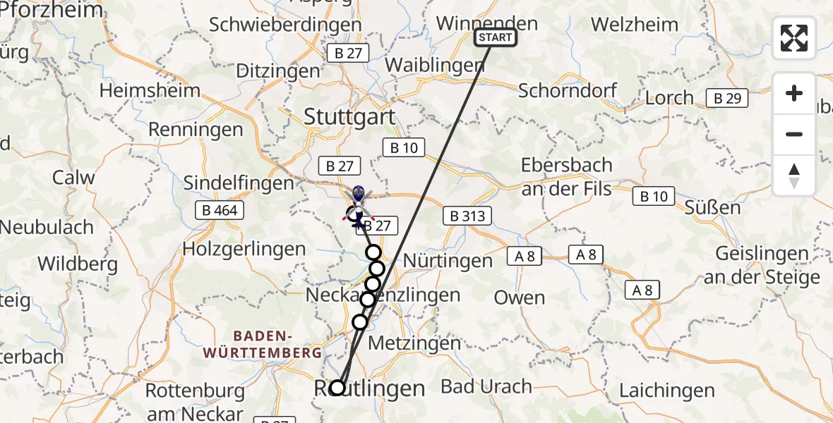 Flugroute Polizeihubschrauber Winnenden - Flughafen Stuttgart, 27 Juni 2026, 13:20