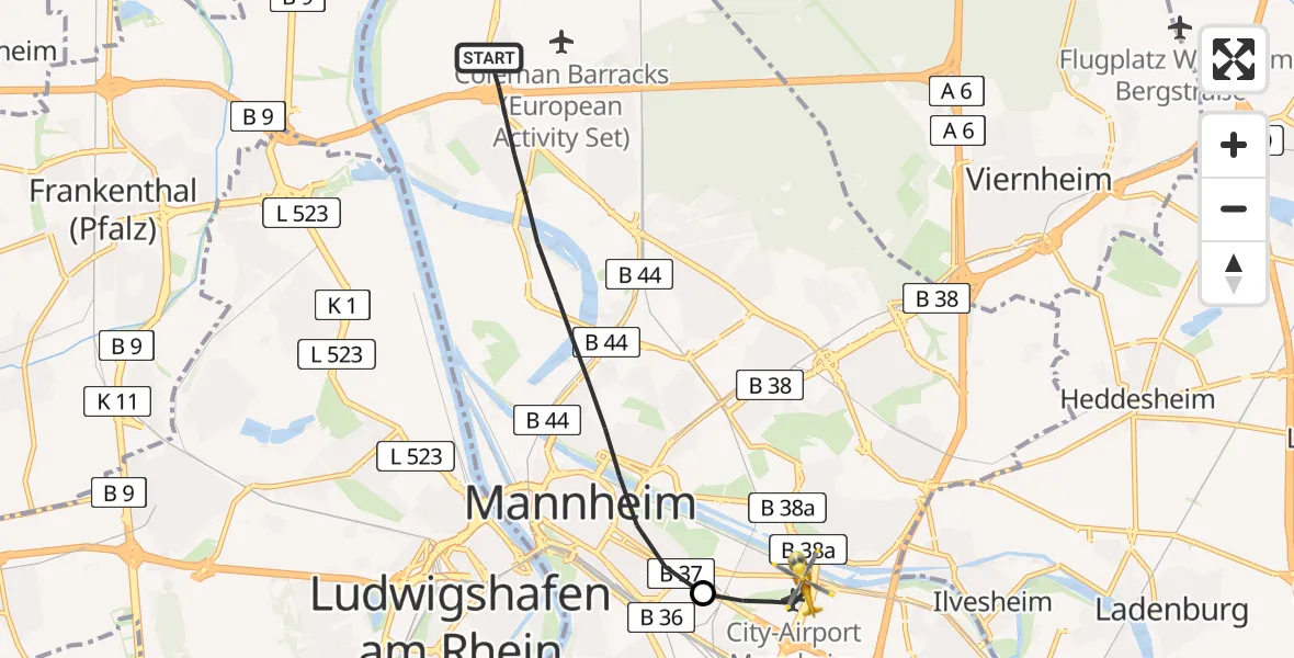 Flugroute Rettungshubschrauber Mannheim - Mannheim-City Flughafen, 27 Juni 2026, 13:21