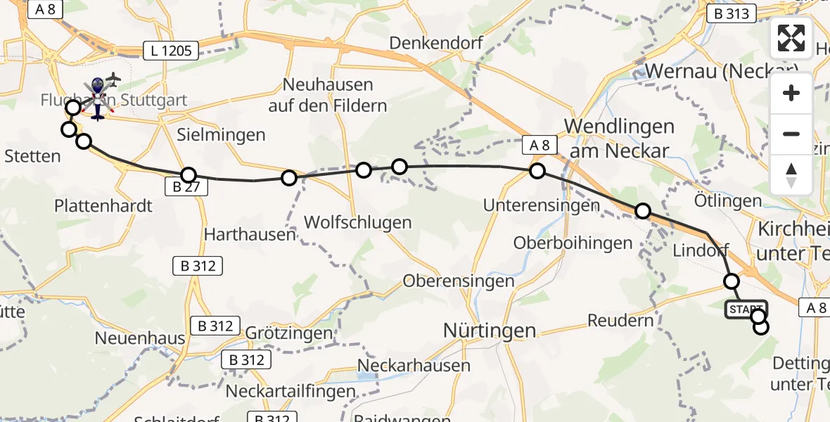 Flugroute Polizeihubschrauber Hahnweide Flugplatz - Flughafen Stuttgart, 27 Juni 2026, 13:22