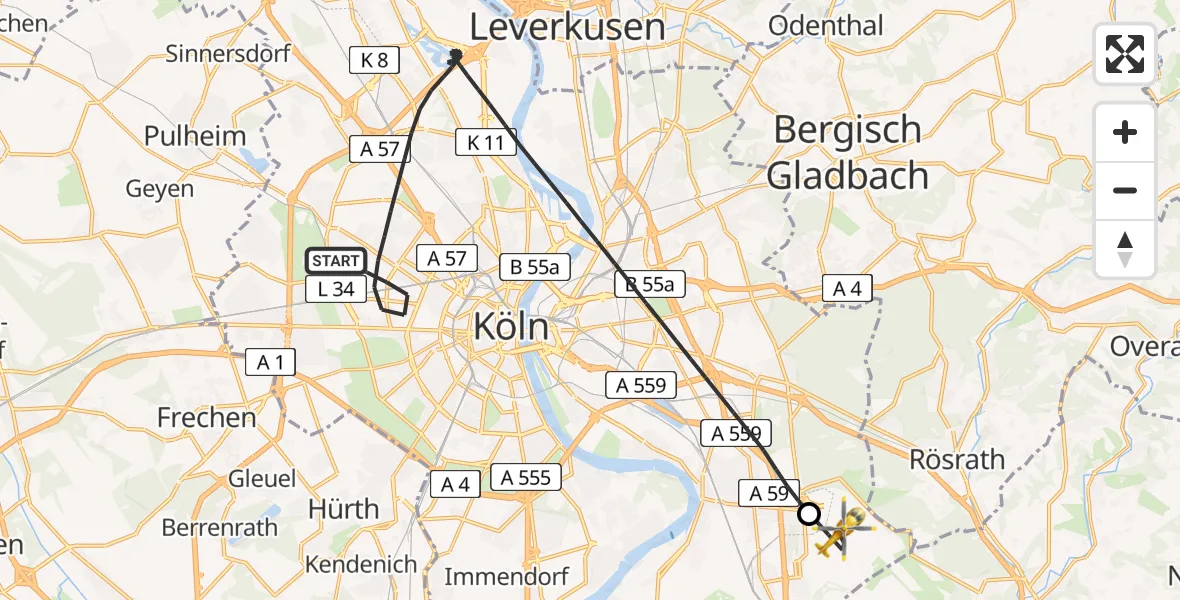 Flugroute Ambulanzhubschrauber Köln - Köln Bonn Flughafen, 27 Juni 2026, 13:27