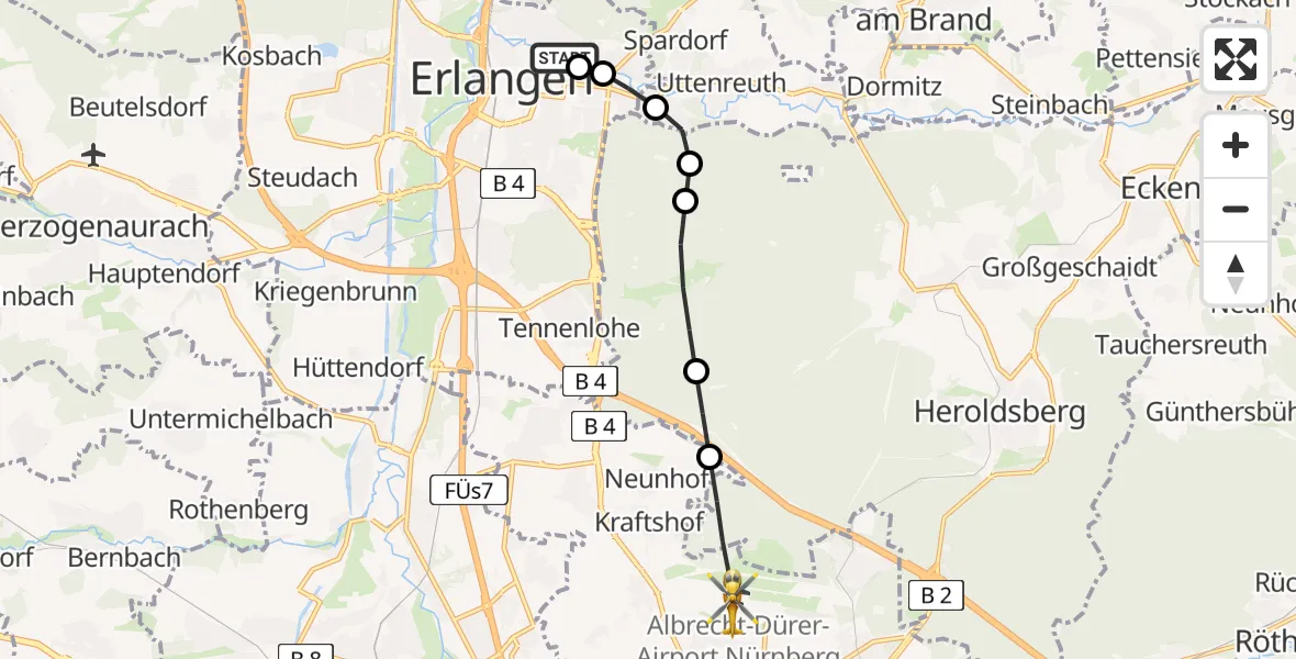 Flugroute Rettungshubschrauber Erlangen University Hospital Ebrardstraße - Flughafen Nuremberg, 27 Juni 2026, 13:28